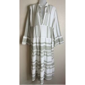 Silk & Salt Women L Maxi Dress Sage Green White Geometric Tiered Bell Sleeve NEW